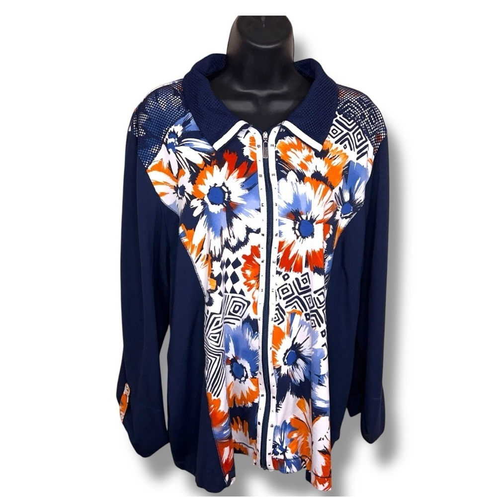 Size 18 Alfred Dunner Jacket Navy Blue Studded Orange Floral Accent Zip Closure